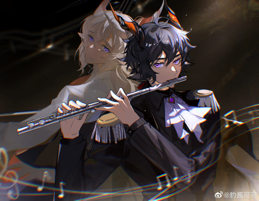 2boys absurdres animal_ears arknights ascot back-to-back black_cape black_hair black_jacket black_shirt black_suit cape cello collared_shirt ebenholz_(arknights) epaulettes flute formal goat_boy goat_ears goat_horns hair_between_eyes hair_ribbon highres horns instrument jacket kreide_(arknights) light_particles long_hair long_sleeves looking_at_viewer looking_back low_ponytail male_focus motion_blur multiple_boys music musical_note playing_instrument purple_eyes red_ribbon ribbon shiniesk shirt smile suit suit_jacket upper_body white_ascot white_hair white_jacket white_suit