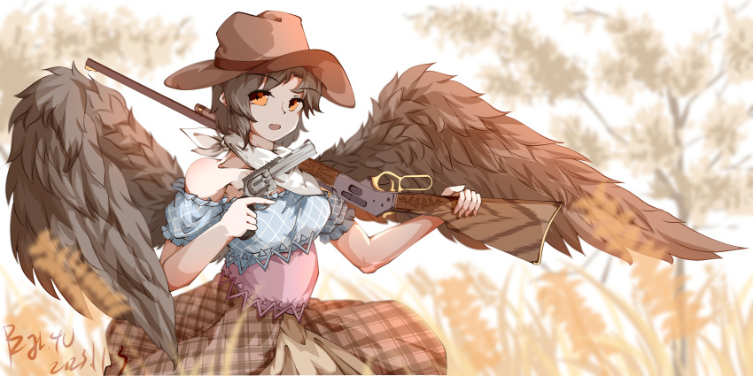 1girl absurdres bandana black_hair black_wings blue_dress brown_dress brown_eyes brown_headwear colt_python cowboy_hat dress feathered_wings gun hat highres kurokoma_saki multicolored_clothes multicolored_dress off-shoulder_dress off_shoulder overskirt pegasus_wings pink_dress plaid plaid_skirt puffy_short_sleeves puffy_sleeves pzgr.40 revolver short_sleeves skirt solo touhou weapon white_bandana wings