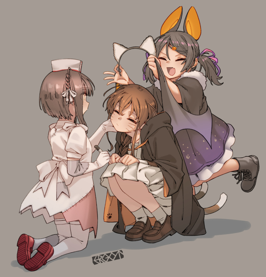 3girls animal_ears artist_logo artist_name black_cape black_dress black_footwear black_hair brown_footwear brown_hair cape closed_eyes closed_mouth dress ergot fake_animal_ears fang gloves grey_background hair_ornament hairclip halloween_costume hat highres inagi_(kancolle) kantai_collection loafers long_hair multiple_girls nurse_cap official_alternate_costume open_mouth puffy_short_sleeves puffy_sleeves red_footwear shoes short_hair_with_long_locks short_sleeves sidelocks simple_background skin_fang smile souya_(kancolle) thighhighs ukuru_(kancolle) white_dress white_gloves white_headwear white_thighhighs