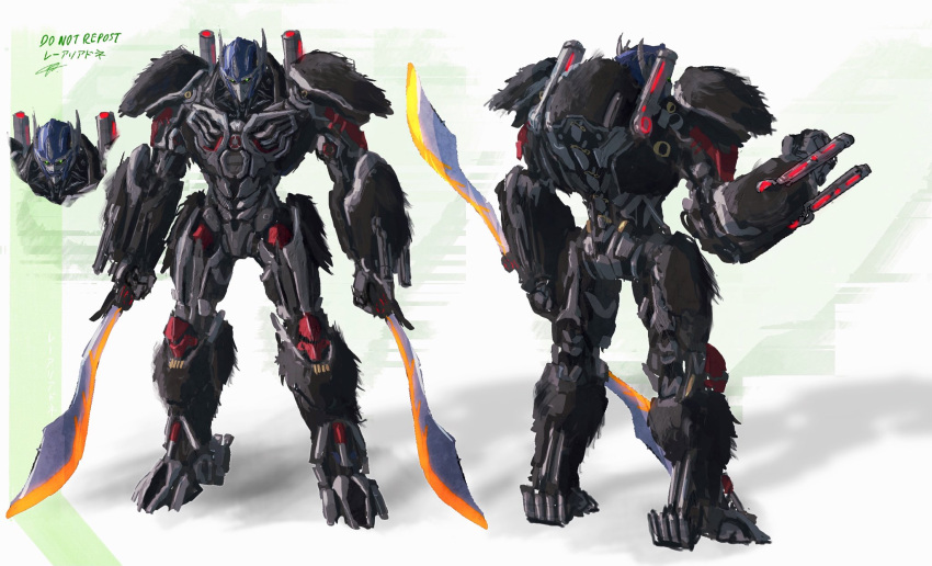 1boy arm_cannon beast_wars beast_wars:_transformers double-blade dual_wielding from_behind full_body green_eyes helmet highres holding holding_sword holding_weapon male_focus mask mecha mouth_mask optimus_primal rae_ariadne robot science_fiction shoulder_cannon solo standing sword transformers weapon