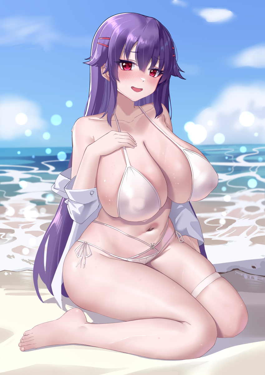 1girl absurdres barefoot beach bikini blue_sky blush breasts chizuru-chan_kaihatsu_nikki cleavage day hair_ornament hairclip hand_on_own_chest highres huge_breasts kaijiba long_hair looking_at_viewer navel nose_blush off_shoulder on_ground open_clothes open_mouth open_shirt outdoors purple_hair red_eyes shiina_chizuru shirt side-tie_bikini_bottom sky solo swimsuit thigh_strap very_long_hair water white_bikini white_shirt