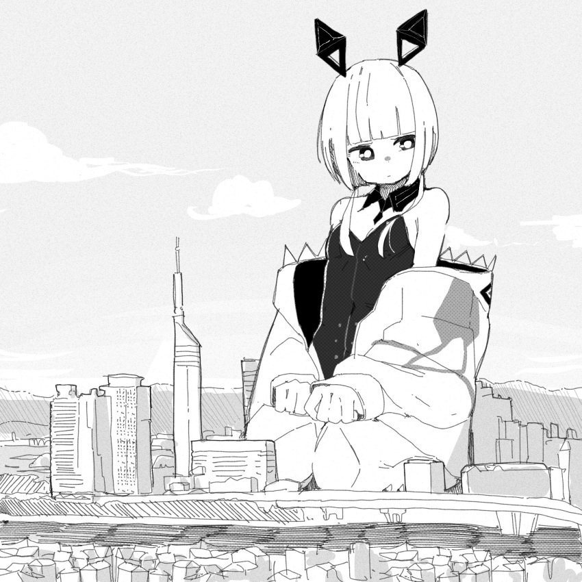 1girl adapted_costume blunt_bangs breasts bright_pupils building cevio cityscape cleavage closed_mouth coat_partially_removed commentary_request day furrowed_brow giant giantess greyscale hair_over_shoulder hands_on_lap hatching_(texture) highres hood hood_down hooded_coat kafu_(cevio) kamitsubaki_studio leotard long_hair long_sleeves looking_to_the_side low_twintails mechanical_ears miminushi monochrome outdoors overpass pantyhose playboy_bunny seiza sitting skyscraper solo strapless strapless_leotard twintails