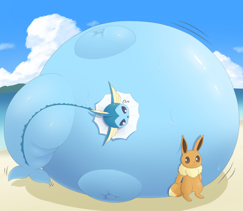 ambiguous_gender beach big_tail black_sclera blue_body body_inflation brown_body brown_fur brown_sclera duo eevee eeveelution feral fur generation_1_pokemon hgh-pine huge_tail immobile inflation motion_lines nintendo outside pokemon pokemon_(species) sand seaside shadow size_difference stuck tail vaporeon water white_eyes