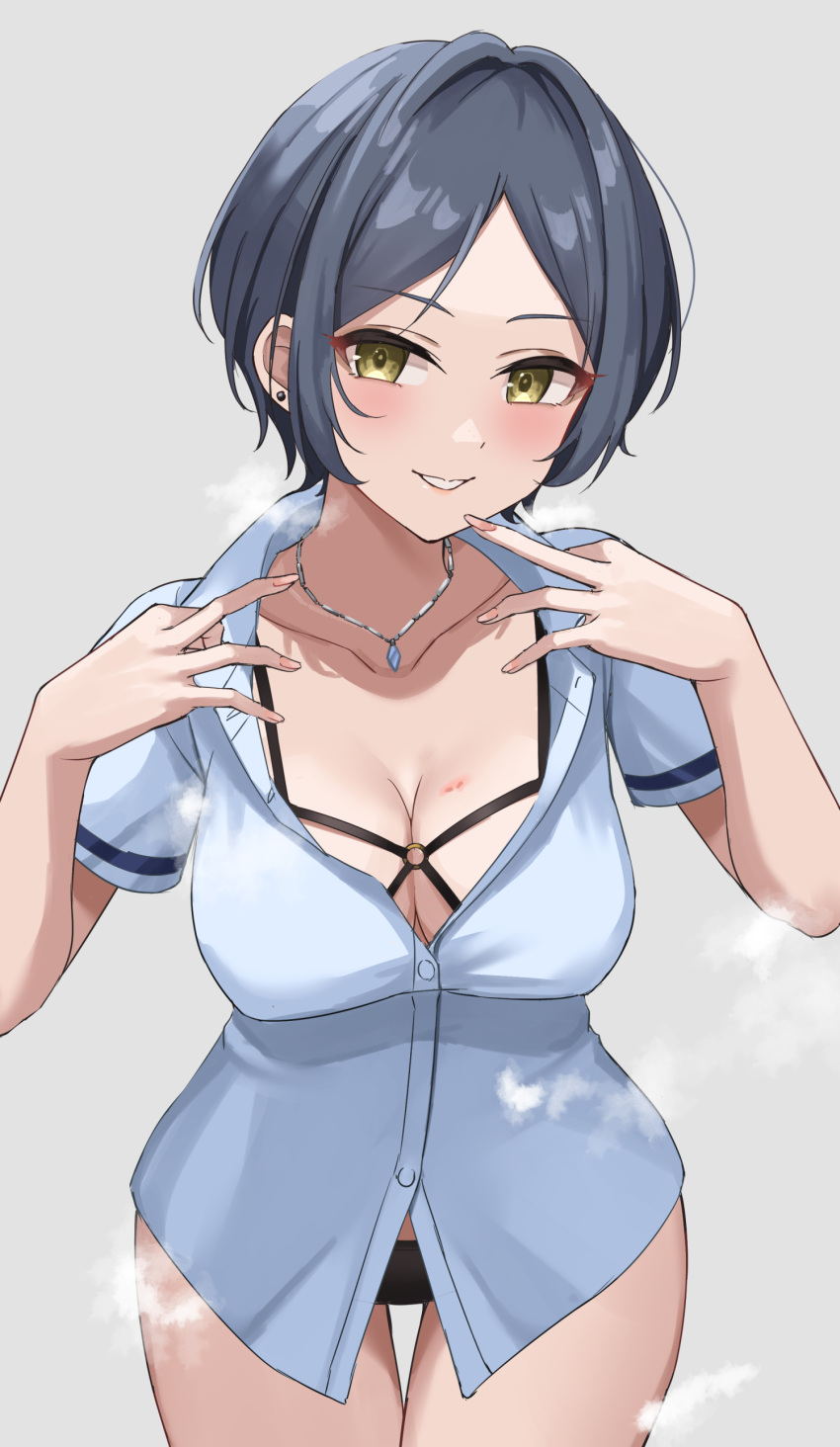 1girl absurdres black_bra black_panties blue_hair blue_shirt blush bra breasts cleavage collarbone dark_blue_hair grey_background hayami_kanade highres idolmaster idolmaster_cinderella_girls kamoromance614 looking_at_viewer medium_breasts no_pants o-ring panties parted_bangs shirt short_hair simple_background smile solo steam steaming_body thigh_gap underwear