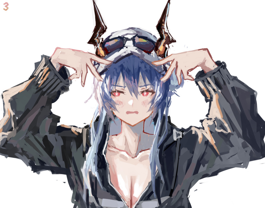 1girl absurdres arknights black_jacket blue_eyes blush breasts ch'en_(arknights) ch'en_the_holungday_(arknights) cleavage collarbone dragon_girl dragon_horns eyewear_on_headwear hair_between_eyes highres horns horns_through_headwear hoshino_ai's_pose jacket long_hair official_alternate_costume open_mouth oshi_no_ko pose_imitation red_eyes sidelocks simple_background solo star-shaped_pupils star_(symbol) symbol-shaped_pupils upper_body wavy_mouth white_background white_headwear yuukiey