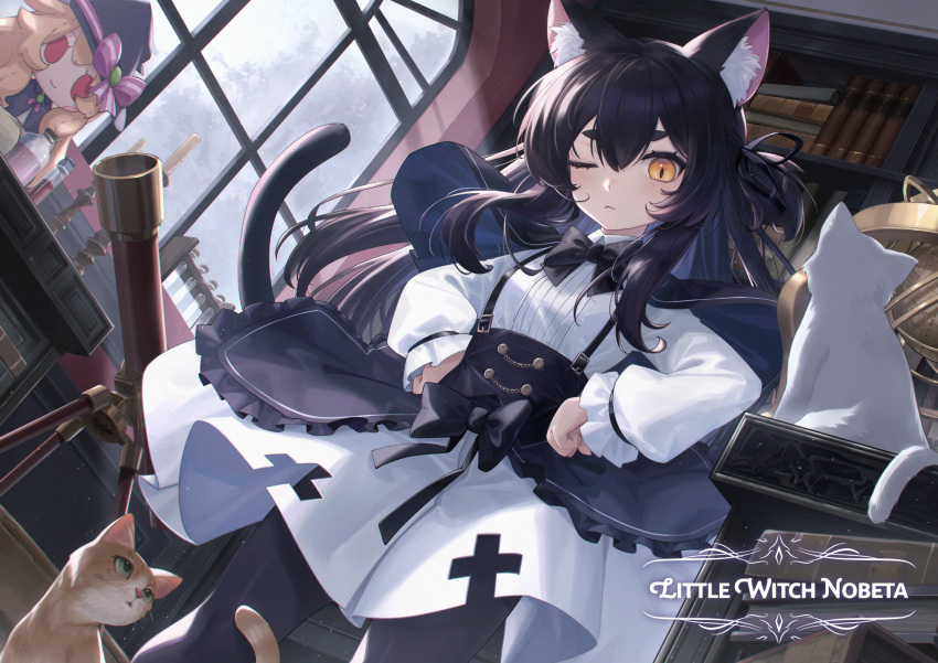 1girl animal_ear_fluff animal_ears artist_request black_bow black_bowtie black_capelet black_hair black_pantyhose bookshelf bow bowtie capelet cat cat_ears cat_tail character_doll collared_shirt high-waist_skirt highres indoors kuroneko_(little_witch_nobeta) little_witch_nobeta long_hair looking_at_viewer nobeta official_art one_eye_closed pantyhose shirt skirt slit_pupils solo suspender_skirt suspenders tail telescope thick_eyebrows white_cat white_shirt window yellow_eyes