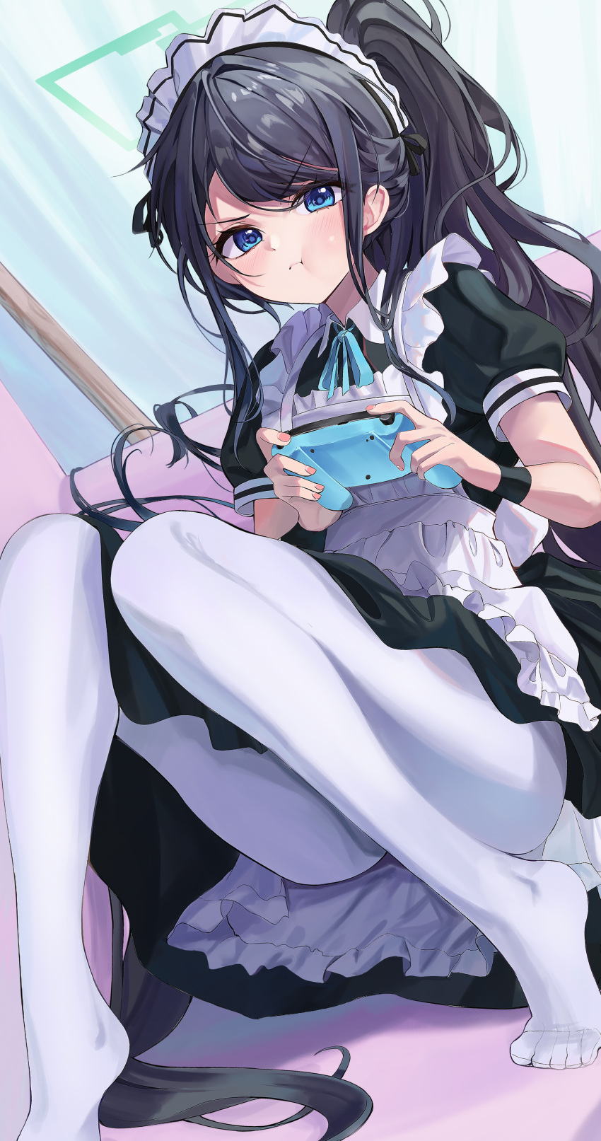 1girl absurdres apron aqua_ribbon aris_(blue_archive) aris_(maid)_(blue_archive) black_dress black_hair blue_archive blue_eyes blush controller dress feet game_controller halo highres holding holding_controller holding_game_controller knees_up legs long_hair looking_at_viewer maid maid_headdress neck_ribbon no_shoes pantyhose pinafore_dress ponytail pout puffy_short_sleeves puffy_sleeves ribbon rosu_1109 short_sleeves sitting sleeveless sleeveless_dress solo toes v-shaped_eyebrows very_long_hair white_apron white_pantyhose