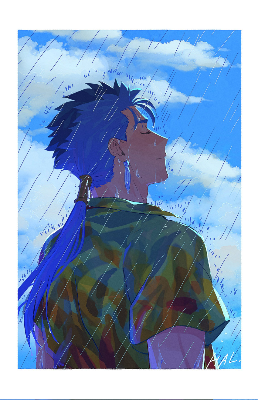 1boy absurdres blue_hair blue_sky border cu_chulainn_(fate) earrings eyelashes facing_up fate_(series) from_side green_shirt hal_(haaaalhal) highres jewelry long_hair male_focus ponytail rain shirt short_sleeves signature sky solo upper_body water_drop wet_face white_border