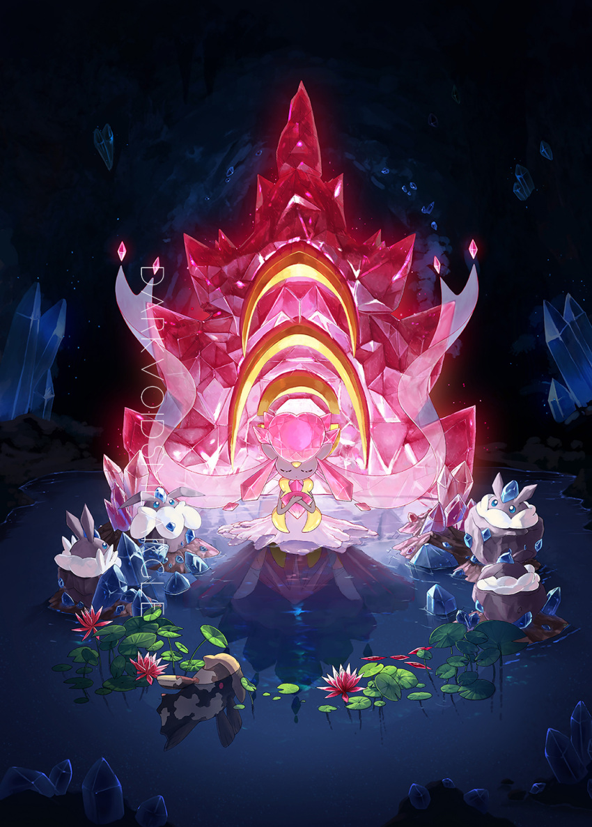 artist_name carbink cave_interior closed_eyes commentary crystal darkvoiddoble diancie fish highres mega_diancie mega_pokemon no_humans own_hands_together pokemon pokemon_(creature) relicanth water watermark