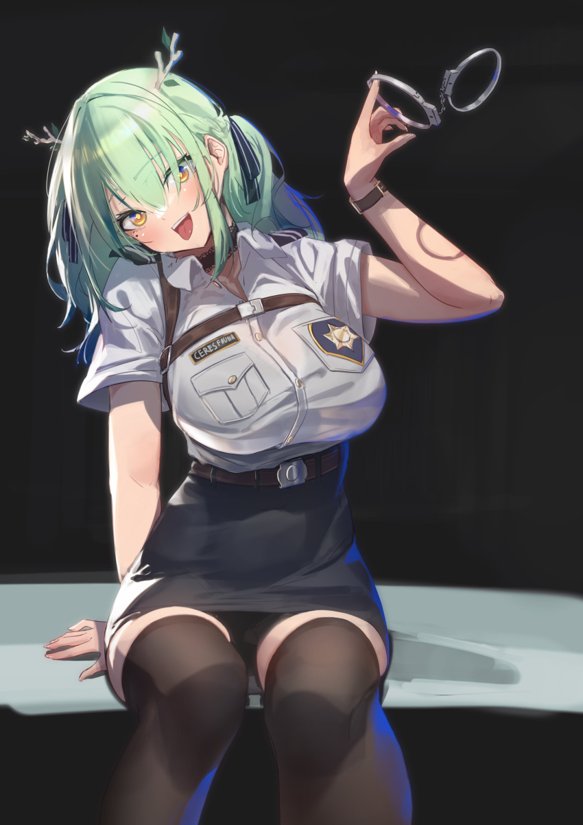 1girl absurdres black_thighhighs blush breasts ceres_fauna chest_harness choker cuffs green_hair hair_ribbon handcuffs harness high-waist_skirt highres holding holding_handcuffs hololive hololive_english large_breasts medium_hair midorimae mole mole_under_eye open_mouth police police_uniform policewoman ribbon simple_background sitting skirt thighhighs tongue tongue_out twintails uniform virtual_youtuber watch wristwatch yellow_eyes