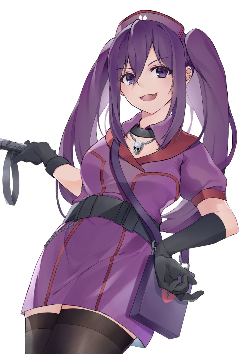 1girl bag belt black_gloves black_thighhighs fang gloves hair_between_eyes hand_up handbag hat highres holding_riding_crop jewelry kanadeedanak kouzaku_mitori long_hair necklace nurse_cap open_mouth purple_eyes purple_hair sidelocks skull_necklace solo thighhighs toaru_kagaku_no_railgun toaru_majutsu_no_index twintails