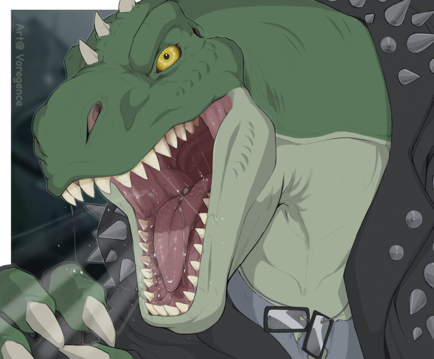 anthro bodily_fluids dinosaur hi_res male mouth_shot open_mouth reptile rocco_(tallion) saliva saliva_string scalie solo spikes spikes_(anatomy) teeth theropod tongue tyrannosaurid tyrannosaurus tyrannosaurus_rex voregence