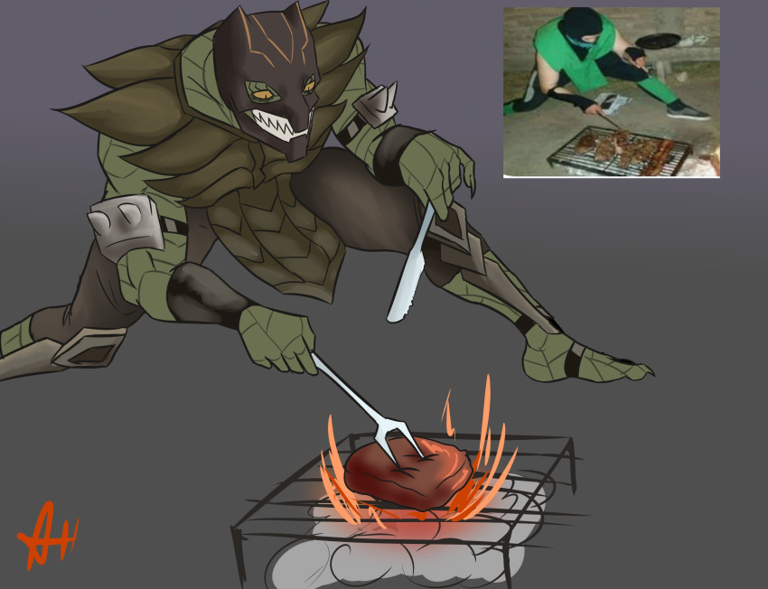 aleksejsalabaev anthro biceps fire food green_body grilling hi_res humor male mask meat mortal_kombat muscular muscular_anthro muscular_male ninja reptile_(mortal_kombat) scalie solo warrior