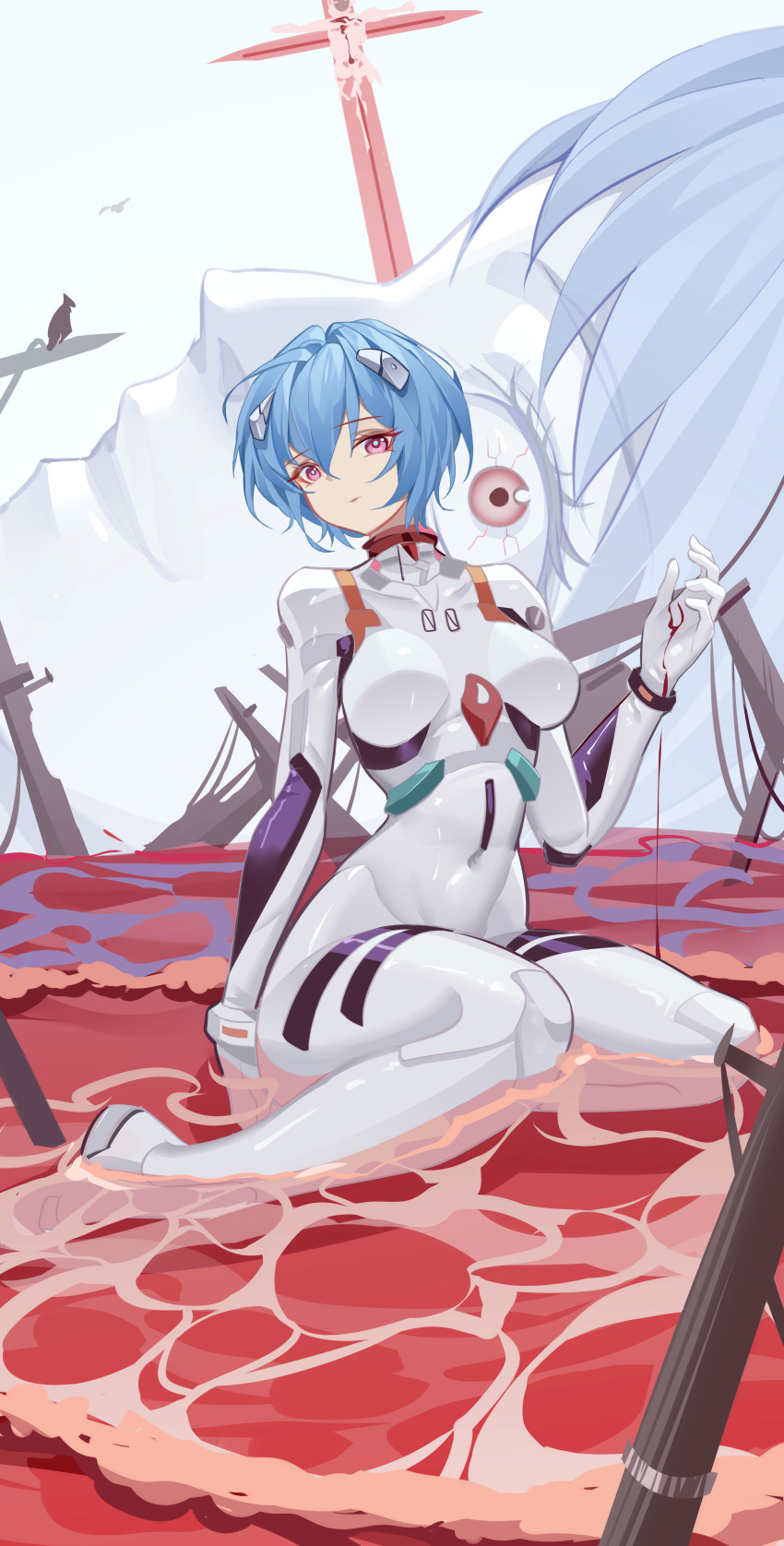 absurdres ayanami_rei blue_hair bodysuit breasts corpse curvy end_of_evangelion expressionless giant giantess highres interface_headset lilith_(ayanami_rei) lilith_(evangelion) luai medium_breasts multiple_others neon_genesis_evangelion plugsuit red_eyes shiny_clothes short_hair simple_background sitting skin_tight sky white_background white_bodysuit wide_hips