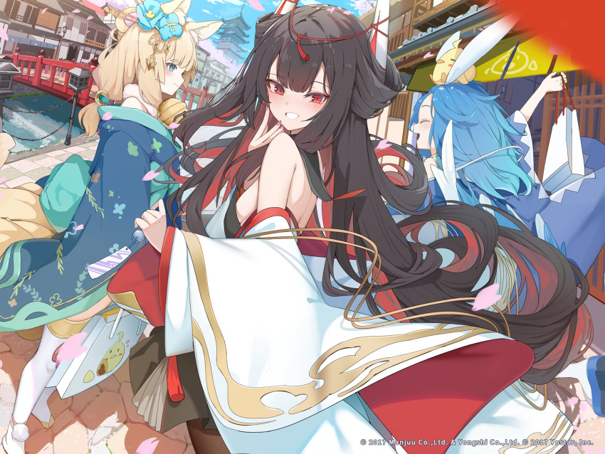 3girls animal_ears aqua_kimono architecture azur_lane bag black_hair blue_hair blue_wings breasts brick_floor brown_hair cherry_blossoms closed_eyes colored_inner_hair day demon_horns east_asian_architecture fox_ears fox_tail hairband happy hatsuzuki_(azur_lane) highres horns hukahire0120 japanese_clothes kimono long_hair manjuu_(azur_lane) multicolored_hair multiple_girls niizuki_(azur_lane) open_mouth outdoors pagoda red_eyes shopping_bag small_breasts smile tail thighhighs wakatsuki_(azur_lane) white_hairband white_thighhighs wide_sleeves wings wooden_bridge