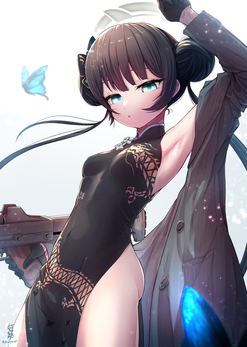 1girl absurdres animal_print arm_up armpits artist_name black_dress black_gloves black_hair blue_archive blue_butterfly blue_eyes breasts bug butterfly butterfly_hair_ornament butterfly_print butterfly_wings buttons china_dress chinese_clothes coat covered_navel double_bun dragon_wings dress flying gloves gradient_background grey_background grey_coat gun hair_bun hair_ornament halo highres holding holding_gun holding_weapon impossible_clothes kisaki_(blue_archive) long_hair long_sleeves looking_at_viewer mandarin_collar open_clothes open_coat open_mouth pemojoke pocket sidelocks simple_background small_breasts solo standing striped striped_coat twintails weapon white_background wings