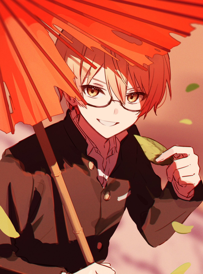 1boy 32_oogawa bespectacled buttons fingernails gakuran glasses highres holding holding_leaf holding_umbrella ichigo_ichie_na_hyakki_yagyou!?_(project_sekai) leaf long_sleeves looking_at_viewer male_focus official_alternate_costume orange_eyes orange_hair project_sekai red_umbrella school_uniform short_hair smile solo teeth tenma_tsukasa torn_umbrella umbrella upper_body