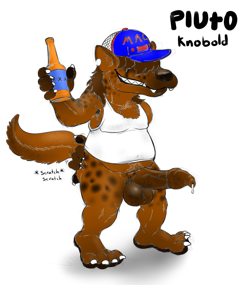 absurd_res alcohol anthro balls beer beverage big_balls big_penis bodily_fluids bottle bottomless brown_body clothed clothing colored container dripping erection genital_fluids genitals gnoll grin hair hat headgear headwear hi_res humanoid_genitalia humanoid_penis hybrid hyena kobold long_hair male mammal mullet penis pluto_(sinsandvirtues) precum precum_drip pubes rad-lizer redneck scratching_butt scruffy small_but_hung smile solo third-party_edit trucker_hat unavailable_at_source vein veiny_penis