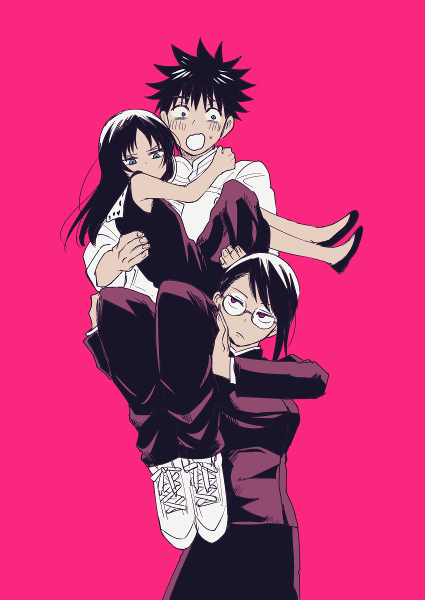 1boy 2girls absurdres black_dress black_footwear black_hair black_shirt blue_eyes carrying carrying_person dress frown glaring glasses highres jujutsu_kaisen long_hair long_sleeves looking_at_another mineo406 multiple_girls nervous okkotsu_yuuta orimoto_rika pink_background red_eyes round_eyewear shirt shoes short_hair simple_background sitting_on_shoulder sneakers strong white_footwear white_shirt zen'in_maki