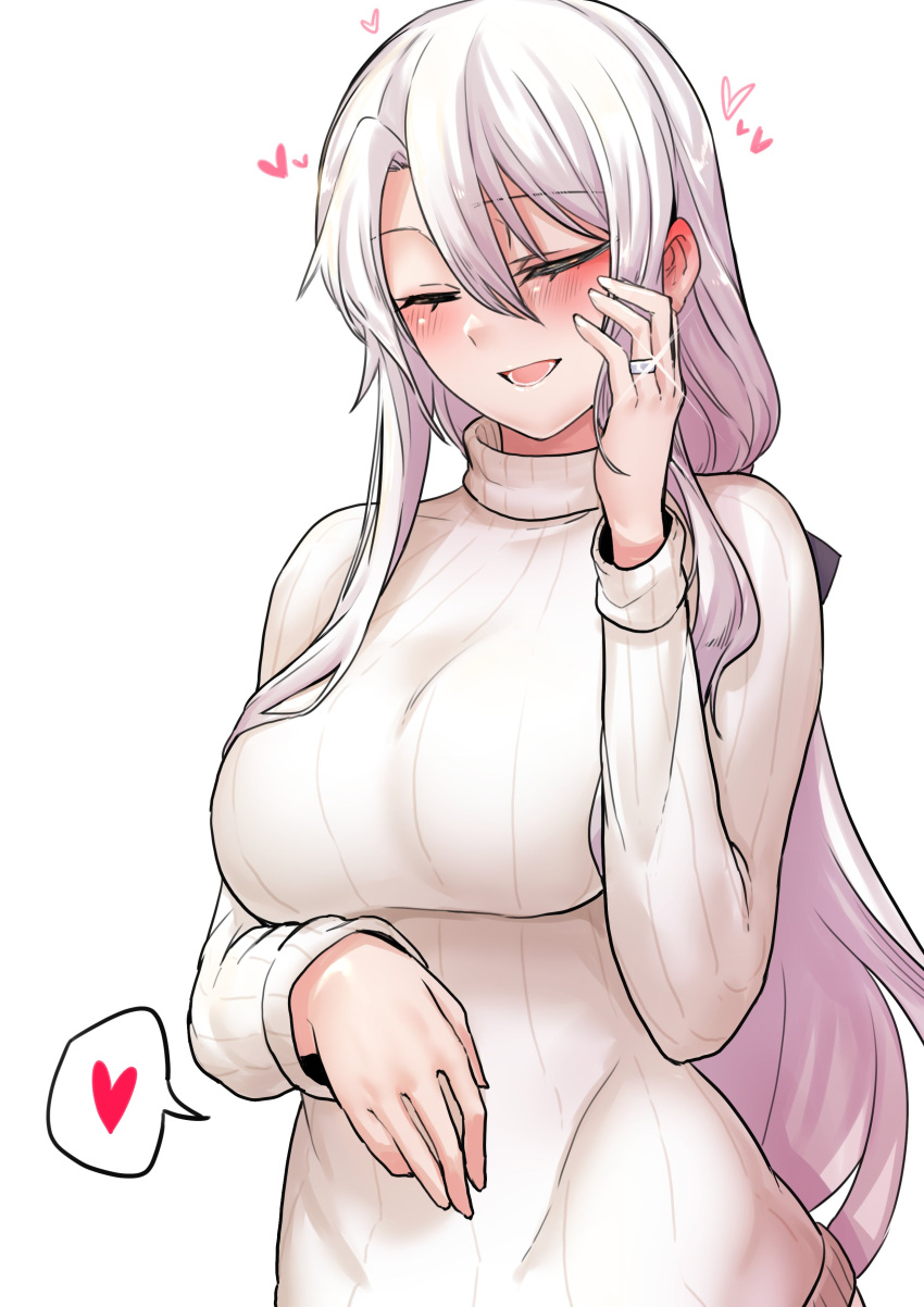 1girl 2poet 9a-91_(girls'_frontline) absurdres blush breasts closed_eyes commentary_request girls'_frontline hair_between_eyes hand_on_own_stomach heart highres korean_commentary large_breasts long_hair long_sleeves low_ponytail lower_teeth_only open_mouth simple_background solo sweater teeth upper_body white_background white_hair white_sweater