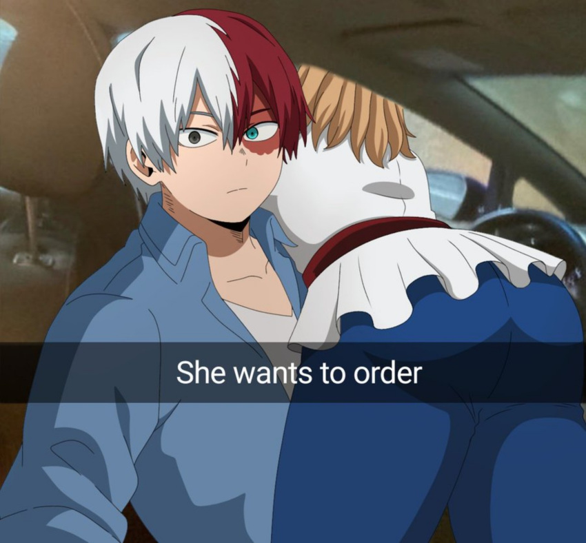 ass blonde_hair boku_no_hero_academia car couple curvy drive-thru expressionless he_wants_to_order_(meme) highres huge_ass leaning_on_person meme motor_vehicle multicolored_eyes multicolored_hair non-web_source realistic speech_bubble thick_thighs thighs todoroki_shouto utsushimi_kemii window