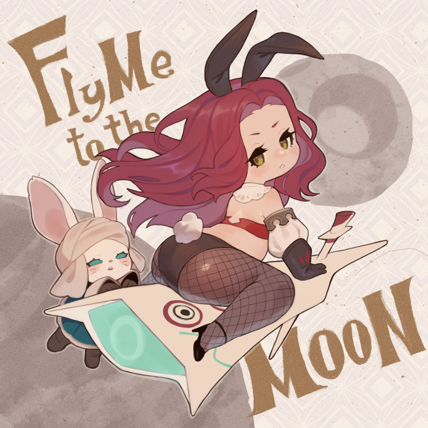 1girl animal_ears ass bandeau black_gloves commentary detached_sleeves english_commentary fake_animal_ears fake_tail final_fantasy final_fantasy_xiv fishnet_pantyhose fishnets gloves green_eyes high_heels highres lalafell long_hair moon nontraditional_playboy_bunny pantyhose rabbit_ears rabbit_tail red_bandeau red_hair shortstack sitting tail warrior_of_light_(ff14) zombiemiso