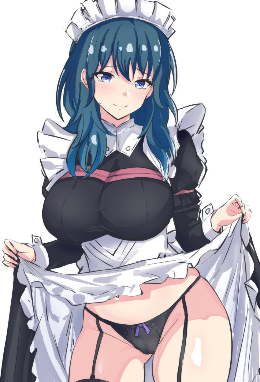 1girl absurdres apron ass_visible_through_thighs black_panties blue_eyes blue_hair blush breasts byleth_(female)_(fire_emblem) byleth_(fire_emblem) clothes_lift fire_emblem fire_emblem:_three_houses frilled_apron frills garter_straps gloves hair_between_eyes half_gloves headband highres large_breasts latte lifted_by_self long_hair looking_at_viewer maid maid_apron maid_headdress medium_hair panties puffy_sleeves shiny_skin skirt skirt_lift solo sweatdrop thong underwear white_apron