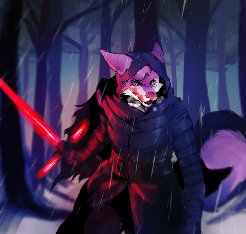 2023 anthro canid canine canis clothed clothing digital_media_(artwork) female forest forest_background fully_clothed grin grinning_at_viewer hi_res intimidation lightsaber mammal melee_weapon nature nature_background outside plant smile snow snowing solo standing star_wars tail tree unknown_artist weapon wolf