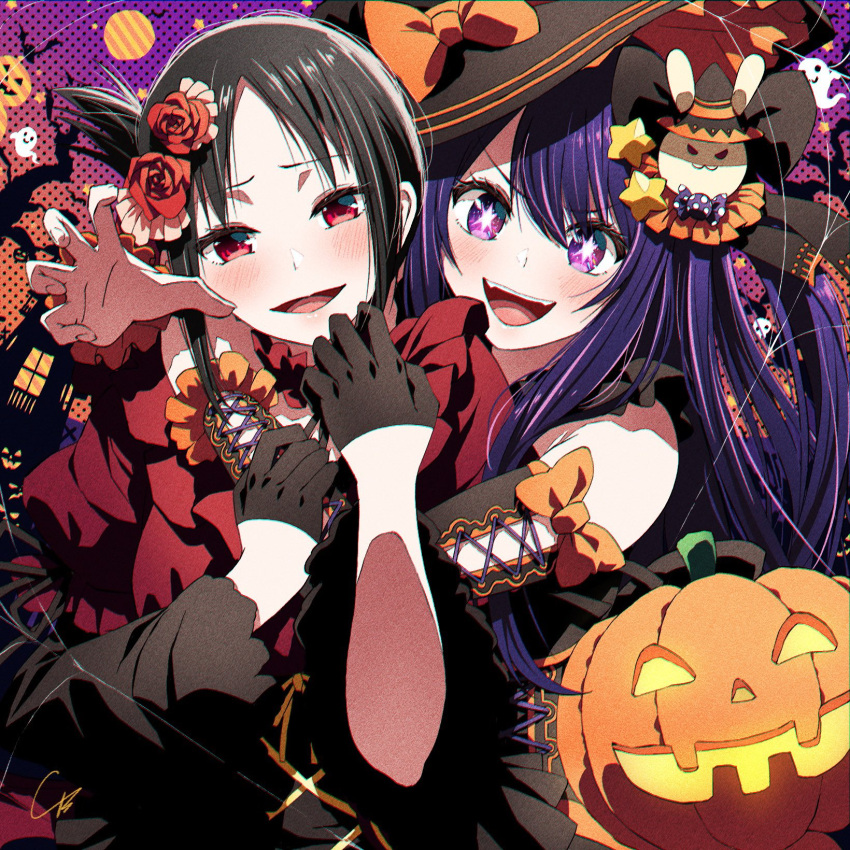 2girls 4b-enpitsu arm_warmers black_bow black_dress black_gloves black_hair black_headwear blush bow chromatic_aberration commentary creator_connection dress english_commentary fangs film_grain flower folded_ponytail gloves hair_between_eyes hair_bow hair_flower hair_ornament half_gloves halloween halloween_costume hat hat_bow highres hoshino_ai_(oshi_no_ko) hug hug_from_behind jack-o'-lantern kaguya-sama_wa_kokurasetai_~tensai-tachi_no_renai_zunousen~ long_hair looking_at_viewer multicolored_hair multiple_girls one_side_up open_mouth orange_bow oshi_no_ko parted_bangs purple_eyes purple_hair red_eyes red_shirt shinomiya_kaguya shirt sidelocks sleeveless sleeveless_dress star-shaped_pupils star_(symbol) streaked_hair symbol-shaped_pupils teeth upper_body upper_teeth_only