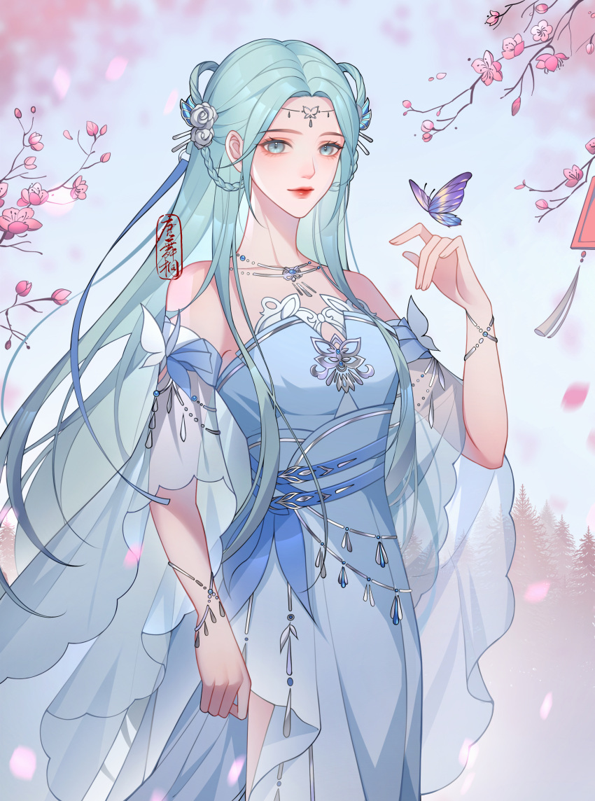 1girl absurdres arm_up bare_shoulders blue_dress blue_eyes bracelet braid bug butterfly cherry_blossoms circlet closed_mouth detached_sleeves douluo_dalu dress flower hair_flower hair_ornament hair_rings highres jewelry necklace qing_xiari_yan sash second-party_source see-through see-through_sleeves solo tang_wutong_(douluo_dalu) twin_braids upper_body