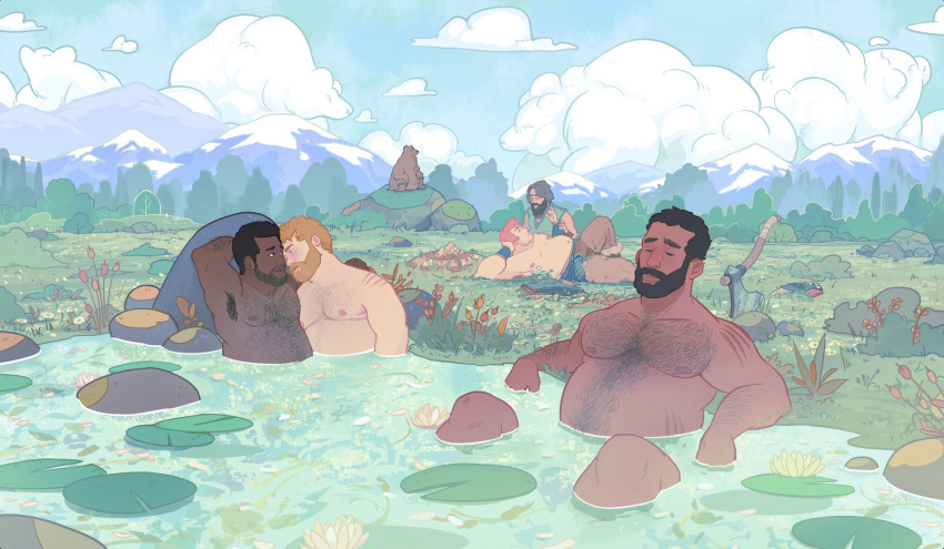 5boys arm_hair armpit_hair armpits axe bara bear bear-shaped_clouds beard bearscape belly blonde_hair blush body_freckles chest_hair cloud cloudy_sky completely_nude couple dark-skinned_male dark_skin facial_hair forehead-to-forehead forest freckles hairy heads_together highres interracial lake large_pectorals lily_pad magic:_the_gathering male_focus mature_male mountain multiple_boys mustache nature navel_hair nipples nude official_art outdoors pectorals perspective petals pink_hair planted planted_axe plump revision ricardo_bessa shaped_cloud short_hair sky stomach topless_male tree water yaoi