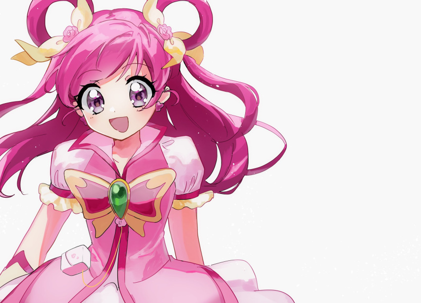 1girl bow brooch butterfly_brooch butterfly_earrings commentary_request cure_dream earrings eyelashes hair_ornament hair_rings highres jewelry kamogawa140 long_hair magical_girl open_mouth pink_hair precure purple_eyes smile solo white_background yes!_precure_5 yumehara_nozomi