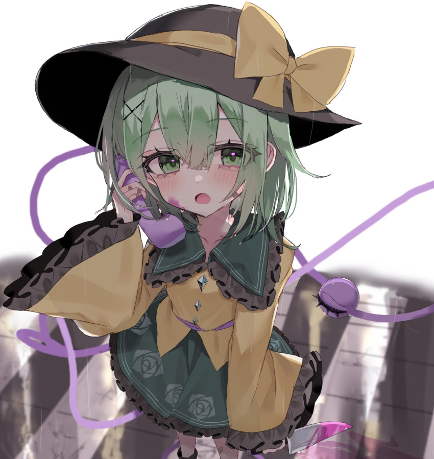 1girl black_headwear bow buttons diamond_button frilled_shirt_collar frilled_sleeves frills green_hair green_skirt hat hat_bow hat_ribbon heart heart_of_string highres komeiji_koishi ribbon shirt skirt solo third_eye touhou wide_sleeves yellow_ribbon yellow_shirt yumeno_ruruka