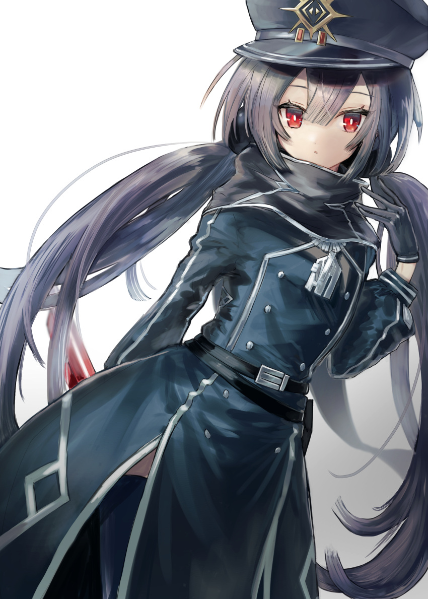 1girl :o absurdres arm_behind_back belt black_belt black_gloves blue_thighhighs bright_pupils buttons double-breasted double-parted_bangs duel_monster flat_chest gloves grey_hair grey_headwear hair_between_eyes hand_up highres long_hair long_sleeves looking_at_viewer military_uniform nataro_1116 open_mouth puffy_long_sleeves puffy_sleeves red_eyes simple_background sky_striker_ace_-_roze solo thighhighs twintails uniform very_long_hair white_background white_pupils yu-gi-oh!