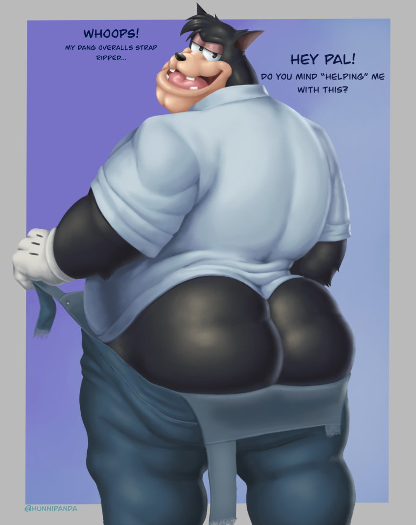 2021 absurd_res anthro bedroom_eyes big_butt black_body bottomwear bottomwear_down butt clothing dialogue disney english_text exposed_butt felid feline gloves goof_troop handwear hi_res hunnipanda inviting looking_at_viewer looking_back looking_back_at_viewer male mammal narrowed_eyes overalls overweight overweight_anthro overweight_male pete_(disney) peter_pete_sr. pinup portrait pose rear_view seductive solo text three-quarter_portrait