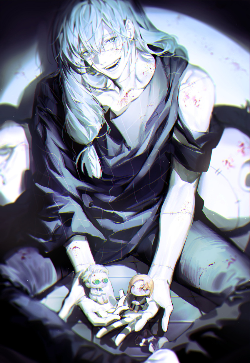 1boy absurdres black_pants black_shirt blood blood_on_face blue_eyes blue_hair character_doll collarbone cowboy_shot highres jujutsu_kaisen kugisaki_nobara long_hair looking_at_viewer mahito_(jujutsu_kaisen) male_focus mgmg_1012 nanami_kento open_hands open_mouth pants patchwork_skin shirt sitting smile solo spotlight stitches teeth yoshino_junpei