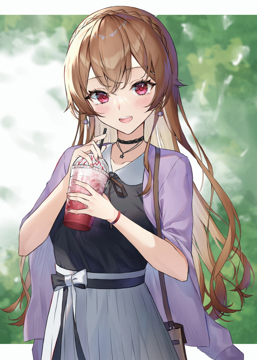 1girl :d absurdres bare_shoulders black_choker black_ribbon black_shirt blush braid brown_hair choker crown_braid cup day disposable_cup earrings furen_e_lustario highres holding holding_cup jewelry long_hair looking_at_viewer myske_(myst34415756) necklace nijisanji open_mouth outdoors pink_eyes ribbon shirt skirt smile solo very_long_hair virtual_youtuber white_skirt wide_sleeves wristband