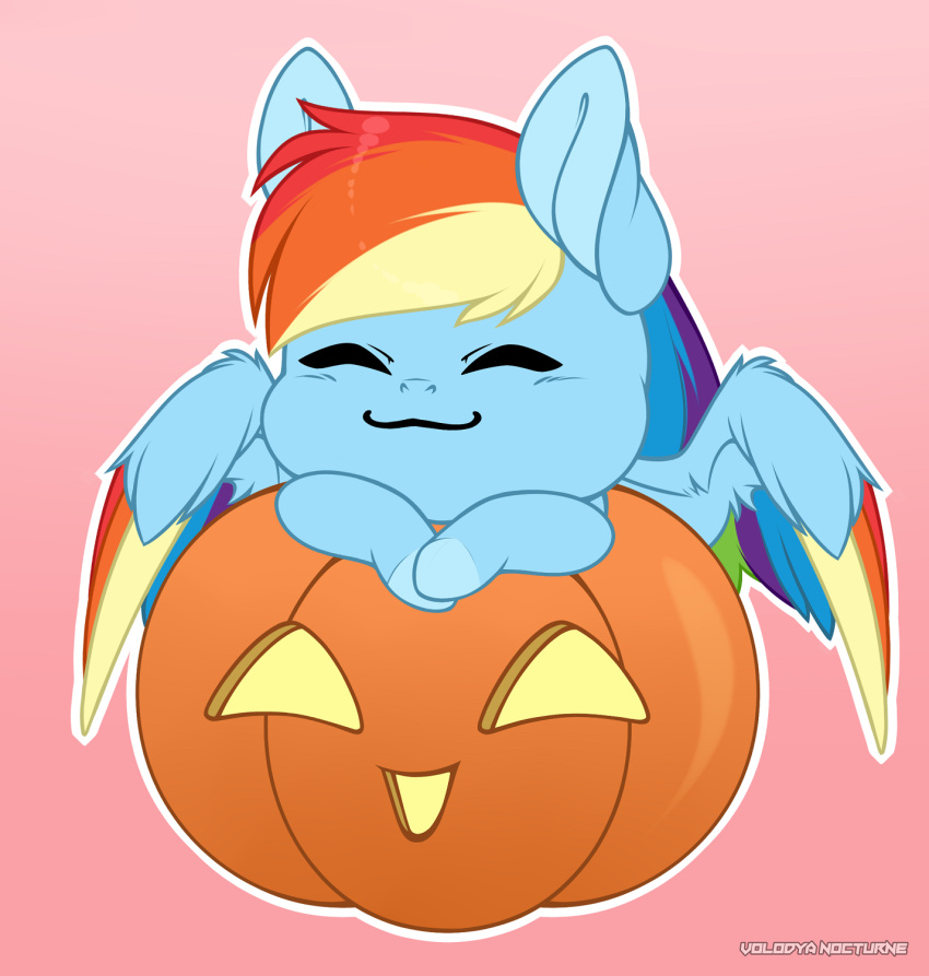 big_ears chibi embarrassed equid equine eyes_closed feathers female feral food friendship_is_magic fruit hair hasbro hi_res horse jack-o'-lantern long_hair magic mammal my_little_pony plant pony pumpkin rainbow_dash_(mlp) smile solo volodyanocturne wings