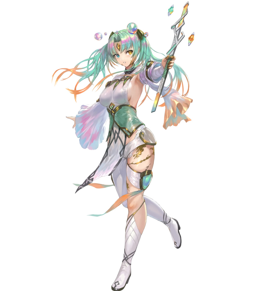 1girl asymmetrical_clothes bandages blue_eyes boots breasts fire_emblem fire_emblem_heroes full_body gradient_clothes gradient_hair green_hair hair_ornament heidr_(fire_emblem) heterochromia highres holding long_hair medium_breasts multicolored_hair non-web_source official_art orange_hair pants pelvic_curtain purple_hair silver_trim single_boot solo standing thigh_strap thighs transparent_background twintails wand wide_sleeves yellow_eyes yoshiku_(oden-usagi)