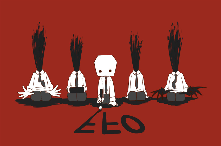 5boys black_eyes burnt_(off) calligraphy_brush claws copyright_name elsen_(off) kneeling male_focus monochrome multiple_boys necktie no_humans object_head off_(game) paintbrush red_background saba_sushi square_head suit writing