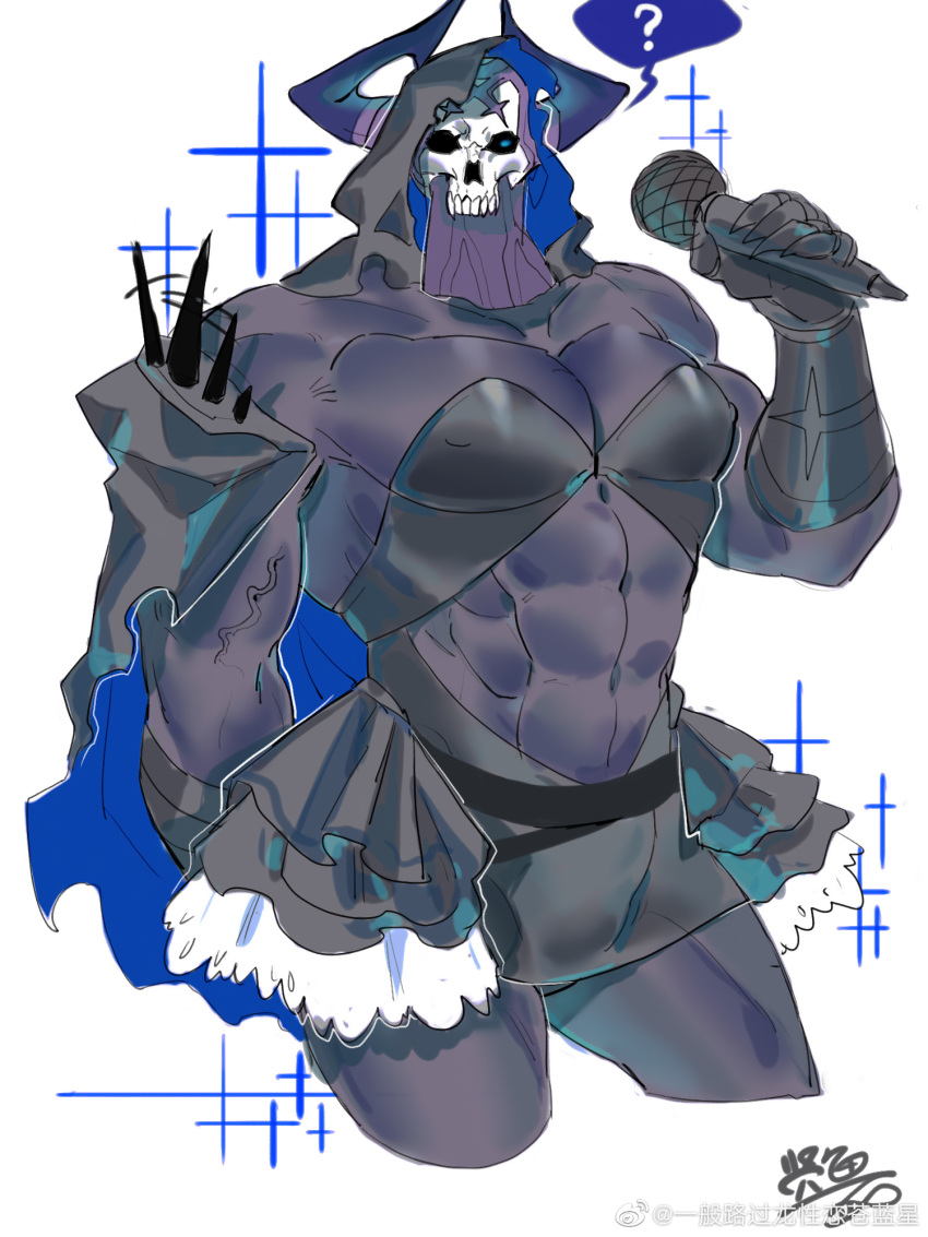 1boy ? abs artist_request bara black_cloak black_leotard bulge cloak clothing_cutout confused covered_nipples cropped_legs crossdressing dress fate/grand_order fate_(series) frilled_dress frills glowing glowing_eyes highres holding holding_microphone horns idol king_hassan_(fate) large_pectorals leotard looking_at_viewer male_focus mask microphone muscular muscular_male pectorals short_hair skirt skull_mask solo sparkle spikes spoken_question_mark stomach stomach_cutout thighs veins veiny_arms
