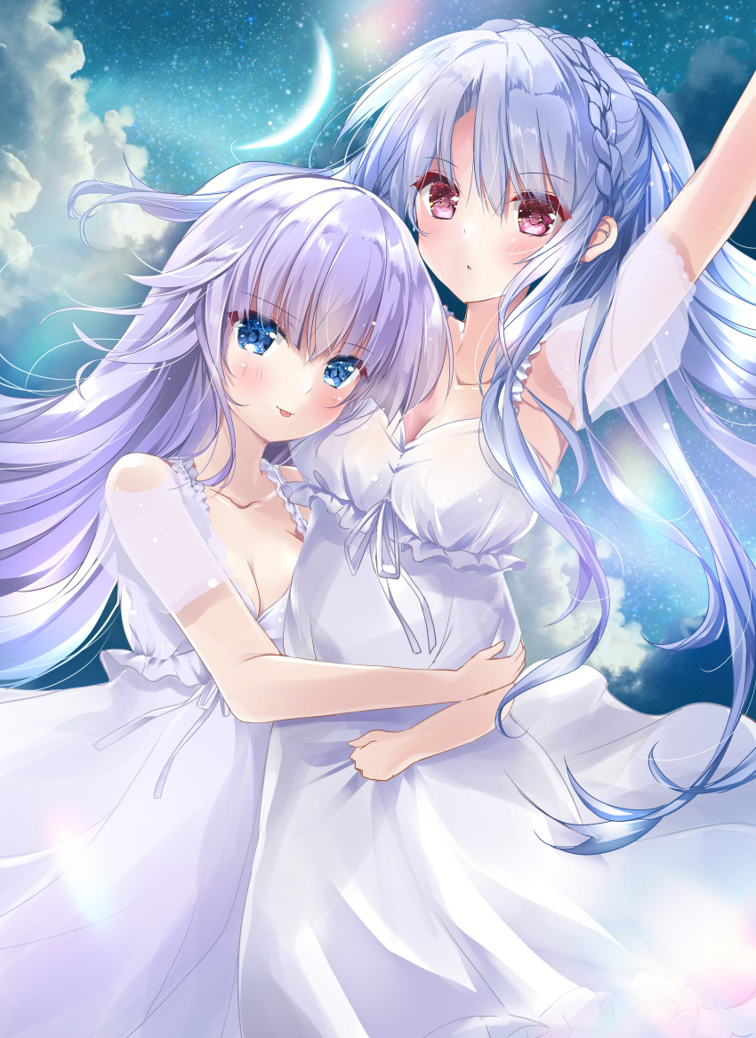2girls :p absurdres arm_up arms_around_waist asahina_yori blue_eyes blue_hair blush braid breasts cleavage cleavage_cutout clothing_cutout cloud collarbone commentary crescent_moon crown_braid dress eyelashes eyes_visible_through_hair floating_hair frilled_dress frills hair_between_eyes hair_over_shoulder head_on_chest highres hug large_breasts long_dress long_hair looking_at_viewer moon multiple_girls night outdoors parted_lips purple_hair red_eyes ribbon see-through see-through_sleeves short_sleeves siblings side-by-side sidelocks sisters sky sorakado_ai sorakado_ao standing star_(sky) starry_sky summer_pockets sundress symbol-only_commentary tongue tongue_out very_long_hair white_dress white_ribbon
