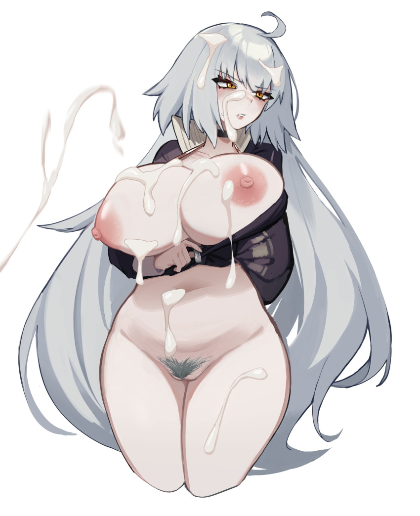 1girl ahoge arm_under_breasts black_choker blush breasts choker cleavage collarbone cropped_jacket cum cum_on_body cum_on_breasts cum_on_hair cum_on_legs cum_on_stomach cumdrip ejaculation facial fate/grand_order fate_(series) female_pubic_hair grey_hair highres huge_breasts jacket jeanne_d'arc_alter_(fate) large_breasts long_hair long_sleeves looking_at_viewer navel nipples no_panties open_clothes open_jacket orange_eyes parted_lips partially_unzipped plump psidubs pubic_hair pulled_by_self simple_background solo stomach thick_thighs thighs unzipped unzipping very_long_hair white_background zipper zipper_pull_tab