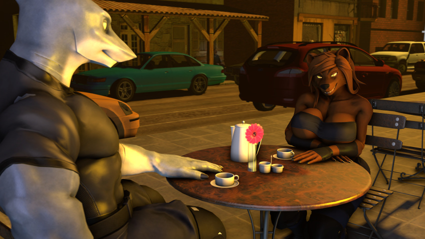 2023 3d_(artwork) 5_fingers anthro athletic athletic_anthro athletic_female atoastedorange bear big_breasts black_nose bottomwear breasts brown_body brown_fur brown_hair cafe car claws cleavage clothed clothing dasha_(petruz) date digital_media_(artwork) duo female finger_claws fingers fish fur furniture great_white_shark grey_body grey_skin hair hammerhead_(petruz) hi_res humanoid_hands lamnid lamniform male male/female mammal marine multicolored_body multicolored_skin muscular muscular_anthro muscular_male outside pants petruz_(copyright) shark shirt sitting smile source_filmmaker table teeth topwear two_tone_body two_tone_skin under_boob vehicle white_body white_skin