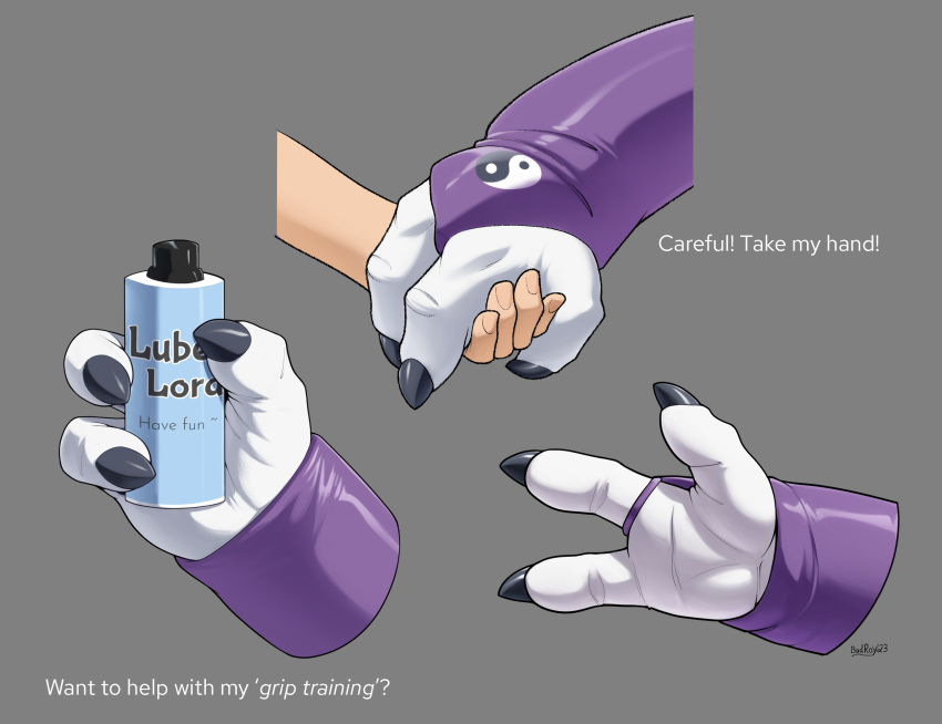 anthro armwear badroy bandai_namco clawed_fingers claws clothing digimon digimon_(species) elbow_gloves female gloves hand_fetish hand_holding handpaw handwear hi_res human lube_bottle mammal paws renamon solo