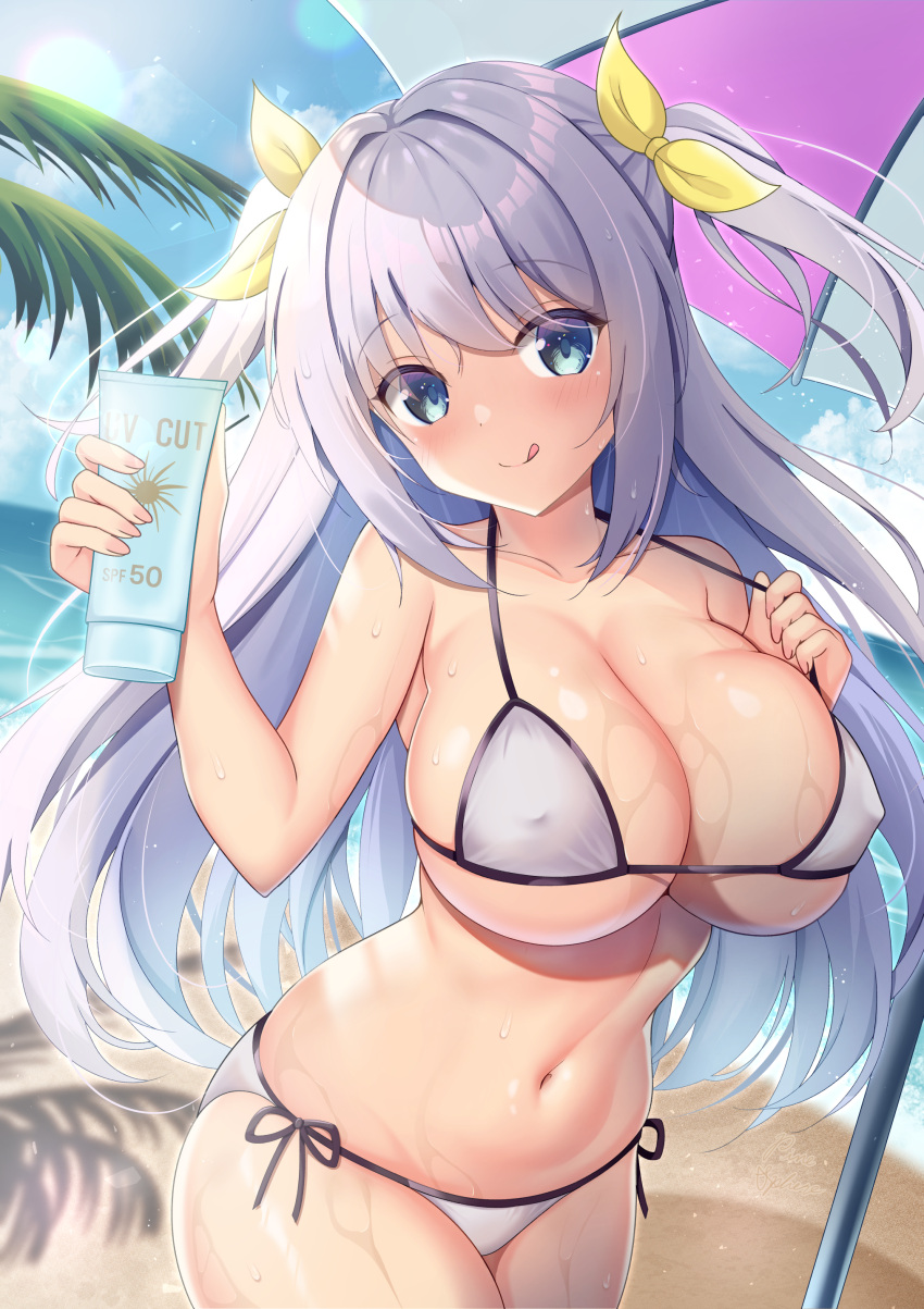 1girl :q absurdres aqua_eyes artist_name bare_arms bare_shoulders beach bikini blue_sky blush breasts cleavage closed_mouth collarbone commentary_request covered_nipples cowboy_shot day dutch_angle grey_hair hair_ribbon halterneck hands_up highres holding large_breasts lens_flare light_particles long_hair looking_at_viewer lotion navel ocean original outdoors palm_tree parasol pinesphere ribbon side-tie_bikini_bottom sidelocks sky smile solo standing stomach strap_lift string_bikini sunscreen swimsuit tongue tongue_out tree two_side_up umbrella very_long_hair wet white_bikini yellow_ribbon