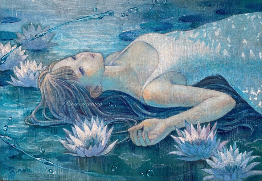 1girl bare_shoulders blue_eyes breasts commentary_request dress expressionless highres light_brown_hair lily_pad long_hair looking_up lying oil_painting_(medium) on_back original painting_(medium) parted_lips ringodrawing sleeveless sleeveless_dress small_breasts solo traditional_media upper_body water water_lily_flower white_dress