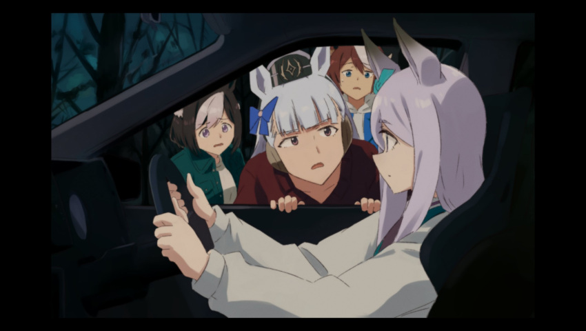 4girls animal_ears aqua_bow balladeluce blue_bow blue_eyes blue_hoodie bow braid brown_hair car car_interior collared_jacket commentary_request ear_bow ear_ornament french_braid from_side frown gold_ship_(umamusume) green_jacket grey_hair hair_between_eyes highres hood hood_down hoodie horse_ears horse_girl jacket long_sleeves mejiro_mcqueen_(umamusume) motor_vehicle multicolored_hair multiple_girls open_clothes open_jacket open_mouth parody pillbox_hat purple_eyes red_sweater seatbelt shirt short_hair special_week_(umamusume) steering_wheel streaked_hair sweater tokai_teio_(umamusume) umamusume white_hair white_shirt white_sweater