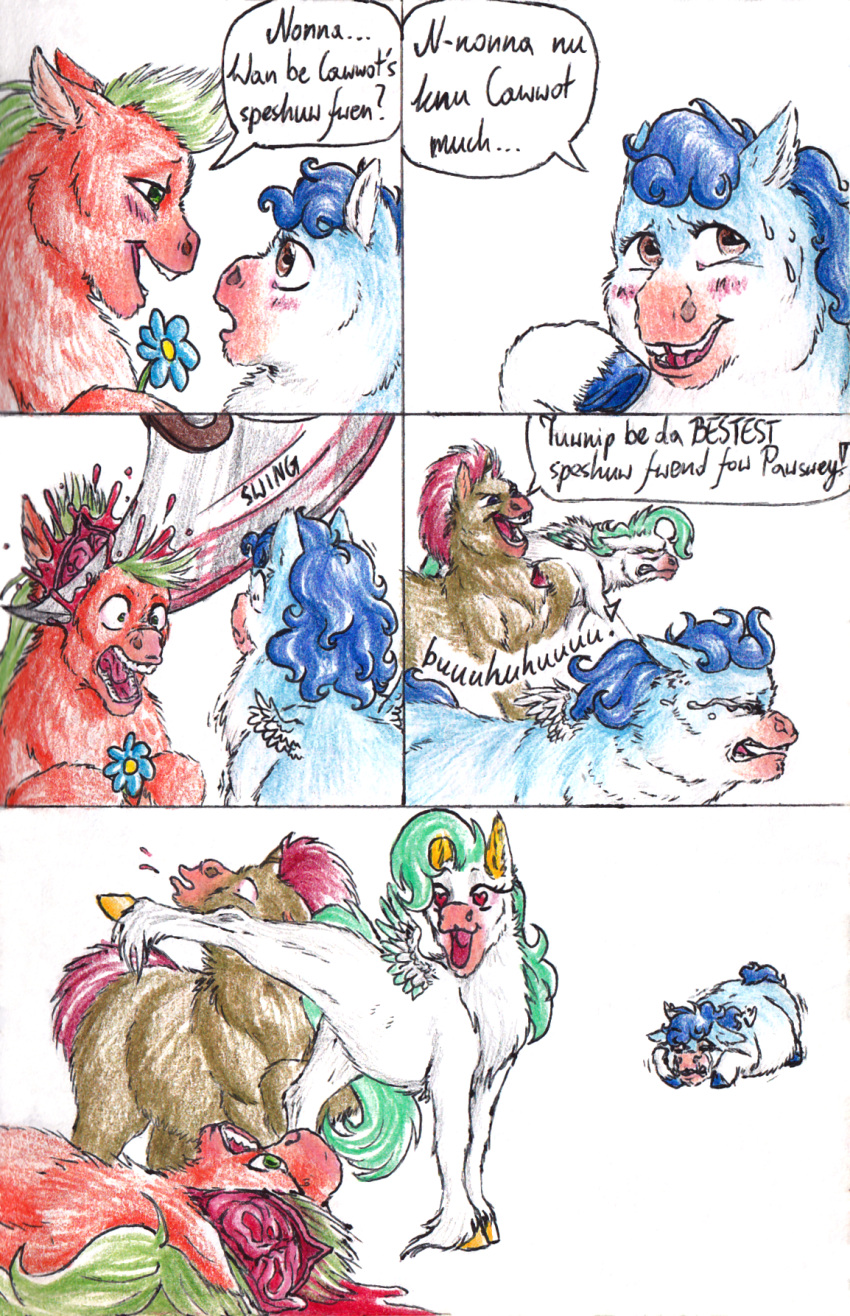 baby_talk blood blue_body blue_fur blue_hair blush bodily_fluids brown_body brown_eyes brown_fur bullying dialogue dragonixa english_text equid equine female feral flower fluffy_pony fur gore green_eyes green_hair group hair hi_res male mammal melee_weapon orange_body orange_fur pegasus plant polearm red_hair scythe simple_background text violence weapon white_background white_body white_fur wings