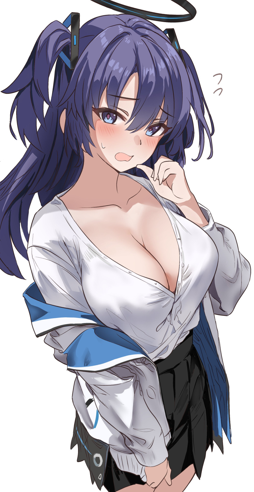 1girl absurdres black_halo black_skirt blue_archive blue_eyes blush breasts cleavage collar commentary_request halo highres jacket jacket_pull large_breasts long_hair long_sleeves looking_at_viewer open_mouth ossou_rocket purple_hair shirt simple_background skirt solo standing thighs two_side_up white_background white_jacket white_shirt yuuka_(blue_archive)